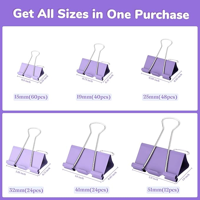 Temiary 208 Pcs Metal Binder Clips, Assorted Sizes Extra Large, Large, Medium, Small, Mini, Micro Binder Paperwork Clip, Morandi Colored Paper Clamps Bulk for Office, Home, School (Purple)