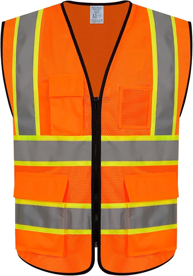 Safety Vest for Men Women 5 Pockets High Visibility Vest with Reflective Strips, Hi Vis Vest with Mesh Fabric, Breathable, (GR720-Orange,XL).
