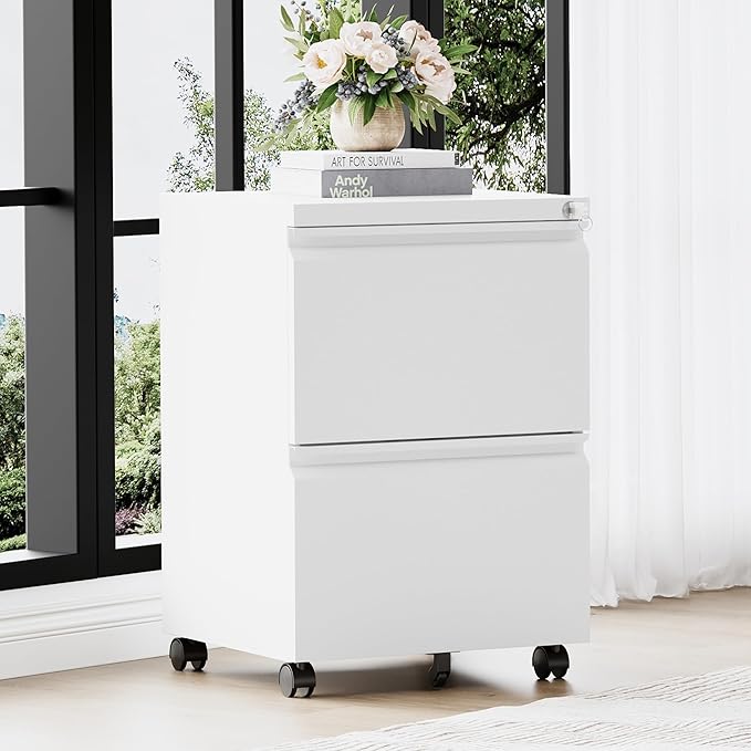 2 Drawer File Cabinet，Mobile Filing Cabinet with Lock and Wheels，Un-Assembled Metal Under Desk File Cabinets for A4/Letter/Legal Size（White