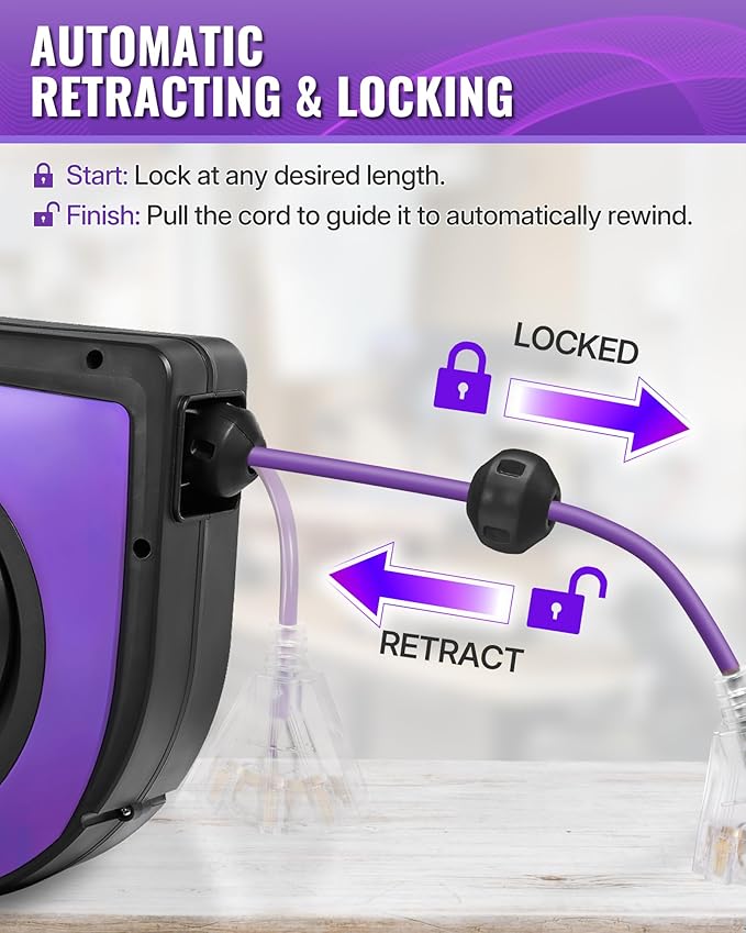 Extension Cord Reel, 75 FT Retractable Extension Cord Reel, 14AWG/3C SJTOW, Lighted Triple, 10A Circuit Breaker, Wall/Ceiling Mounted, Heavy Duty Power Cord, UL Listed, Purple P75CR06