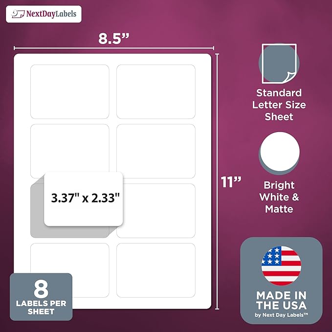 NextDayLabels – 3-3/8" x 2-1/3" Rectangular Sticker Labels for Printer - White Laser/Inkjet Printer Labels Return Address Labels Shipping Label Stickers (250 Sheets, 8 Per Sheet, 2000 Labels)