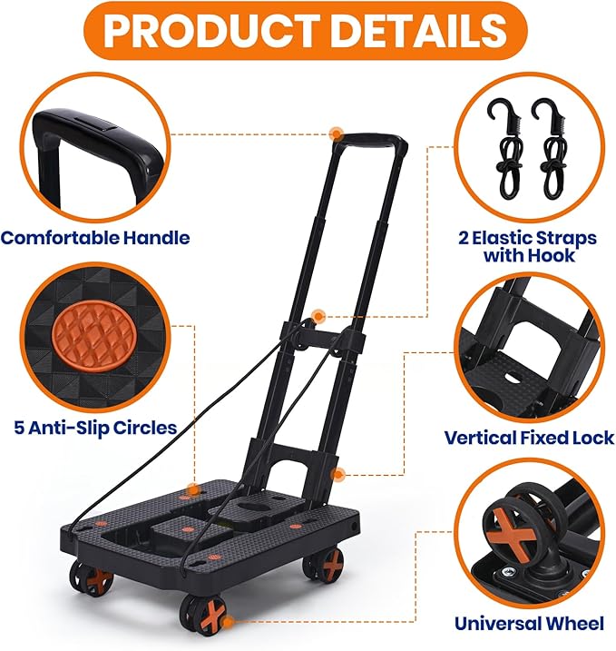 Folding Hand Truck, Dolly Cart with 4 Wheels & 2 Elastic Ropes, Adjustable Handle Foldable Dolly, Lightweight Portable Hand Cart for Luggage, Travel, Shopping, Moving, Airport, Office