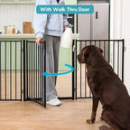 No Pawblems Free Standing Dog Gate with Door, 30'' Tall Foldable Dog Fence for Indoor & Outdoor, Up to 156 Inch Extra Wide Puppy Gate for Stairs, Hallways, Doorways, Deck, Yard (Black, 6 Panels)