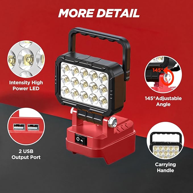 2 Pack LED Work Light Compatible with Milwaukee m18 18V Battery, 40W 6000LM Cordless Work Light with 2 USB Output Port, 145° Adjustable Portable Home Light Accessory Flashlight (Battery NOT Included)