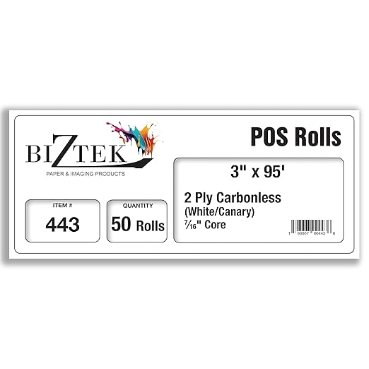Carbonless, Receipt Rolls, Paper, 3" x 95' x 7/16" Core, 2 Ply White/Canary, 50 Rolls per Carton