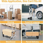 600 LBS Dolly Cart with Wheels, 3 in 1 Folding Hand Truck with Retractable Handle, Aluminum Heavy Duty Hand Cart with 4 Wheels, Collapsible Hand Truck Dolly for Warehouse, Home, Supermarket