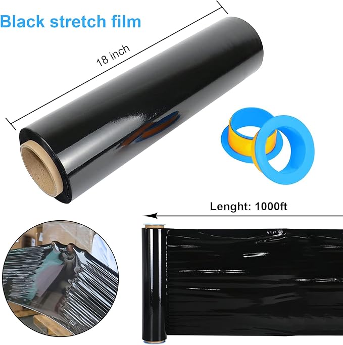 Black Pallet Wrap Stretch Film: 4 Pack Moving Wrapping Plastic Roll with 2 Handles, 18" Strength up to 800%, 80 Gauge Thick Shrink Wrap Roll for Pallet Packaging, Transportation, Stability, Protection