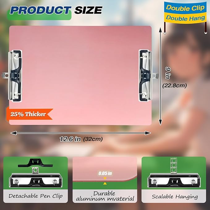 Aluminum Metal Clipboard Stainless Hangable Pen Holder Double Clip Board Size A4 9" x 12.6" for School Office Business Medical Professionals Workshop Factory (Pink, A4-DoubleClip)