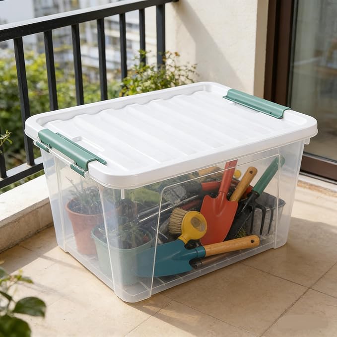 Plastic Storage Bin, Stackable and Nestable Storage Boxes with White Lids and Secure Latching Buckles, Large Storage Container (Clear, 35 Quart-6 Pack)