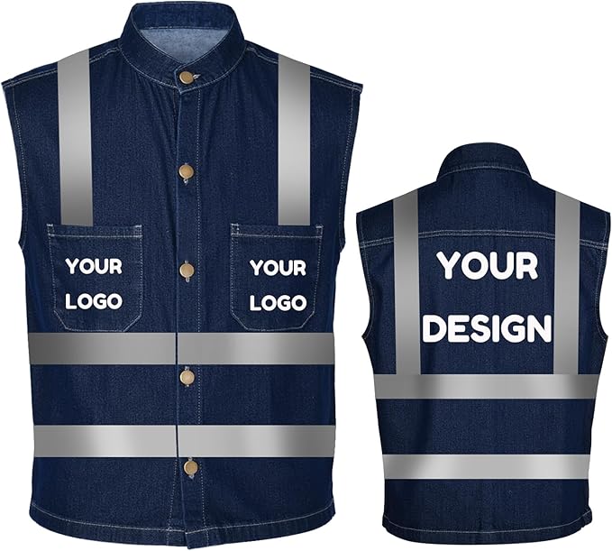 YOWESHOP Men's Reflective Safety Denim Vest，Custom Safety Outdoor Denim Work Vest with Hi-Vis Stripes for Night Commute