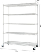 Trinity Basics TBFC-0931 5-Tier Adjustable Wire Shelving with Wheels for Kitchen Organization, Garage Storage, Laundry Room, NSF Certified, 600 to 2250 Pound Capacity, 60” by 24” by 77”, Chrome