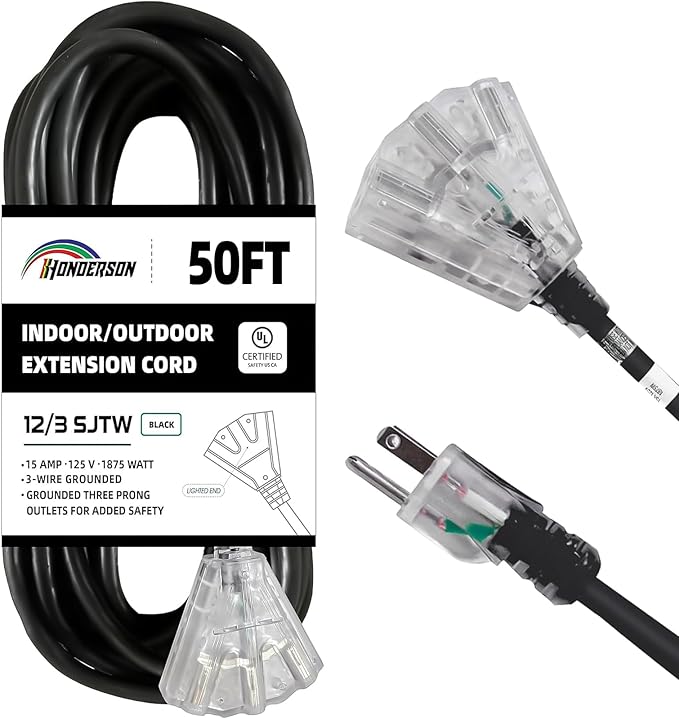 3-Outlets Indoor Outdoor Extension Cord Weatherproof with Lighted End, UL Listed, 12 Gauge 50FT Black 3 Prong Heavy Duty, 12/3 SJTW 15A Power Cord