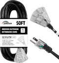 3-Outlets Indoor Outdoor Extension Cord Weatherproof with Lighted End, UL Listed, 12 Gauge 50FT Black 3 Prong Heavy Duty, 12/3 SJTW 15A Power Cord