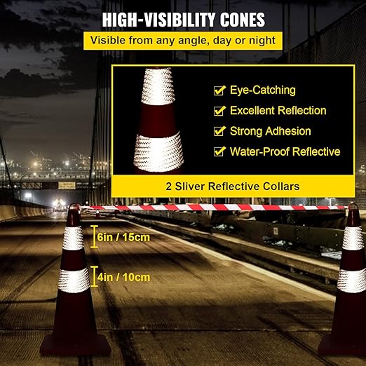 VEVOR Safety Cones, 6 x 28" Traffic Cones, PVC Orange Construction Cones, 2 Reflective Collars Traffic Cones with Weighted Base and Hand-Held Ring Used for Traffic Control, Driveway Road Parking
