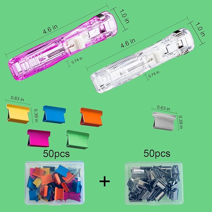 Reusable Portable Paper Clam Clip Dispenser, 40 Sheet Capacity-2Pcs, 100 Metal Refill Clips (50 Silver + 50 Color) for Home School Desk Office (Purple and White)