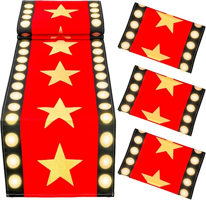 4 Pcs 13 x 72 Inch Movie Night Table Runner with Gold Star Design - Red Carpet Decoration for Birthday Party Supplies（red）