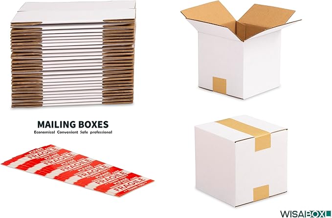 5x5x5 inch White Shipping Boxes, Corrugated Cardboard Small Boxes with Fragile Stickers for Business Mailing, Packing, Moving, Storage, 15 Pack