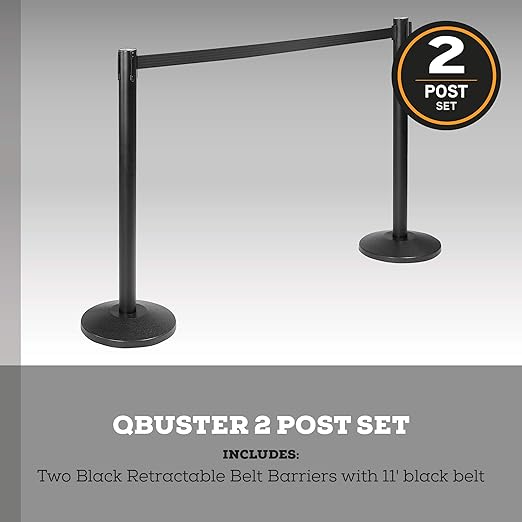 Qbuster Black Stanchions with Retractable Belt, Crowd Control Safety Barrier with 11’ Black Belt, Set of 2 Posts