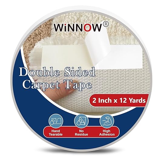 WINNOW Heavy Duty Double Sided Rug Tape 2 Inch x 12 Yards – Carpet Tape Gripper for Wood, Tile & Carpet, Non‑Slip, Strong Hold, Removable,