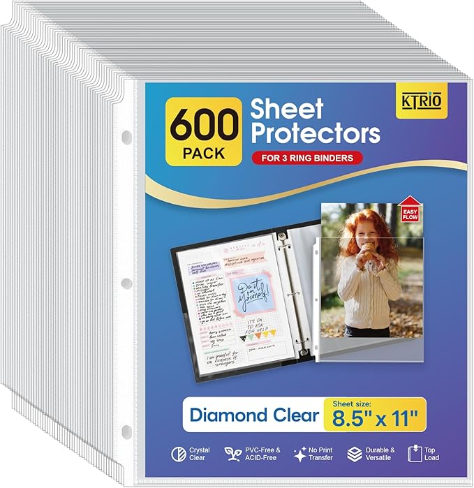 KTRIO 600 Pack Sheet Protectors 8.5 x 11 inch, Clear Page Protector for 3 Ring Binder, Plastic Sleeves for Binders, Top Loading Paper Sheets Document Sleeve Letter Size, Office & Home