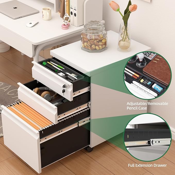 3 Drawer File Cabinet on Wheels,25.6" H White Filing Cabinet with Lock,Under Desk Metal File Cabinet for Home Office Organizer Letters/Legal/A4(Assembly Required)