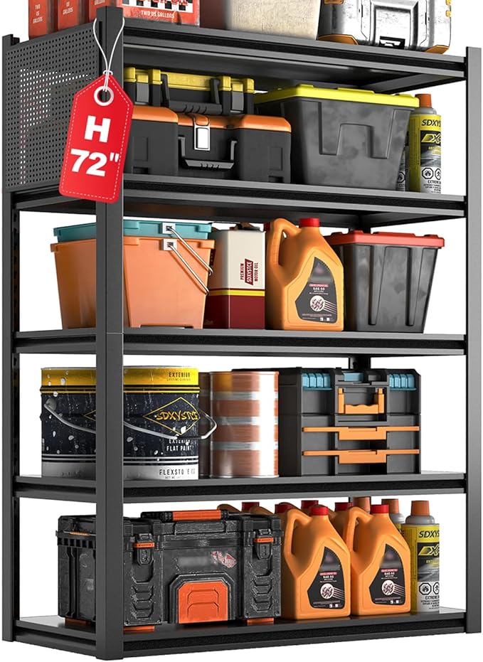 Metal Garage Shelving Unit with Pegboard, Heavy Duty 5-Tier Adjustable Industrial Storage Shelves, 5000 LBS Steel Storage Rack for Garage, Warehouse, Basement, 72"H x 47.2"W x 23.6"D, Black