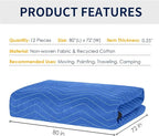 Moving Blankets 12 Packs, Extra Large 80"x72" Furniture Moving Pads, Reusable Packing Blankets, Professional Quilted Furniture Shipping & Storage Pads for Couch Desk Cabinet Appliances, Blue and Black