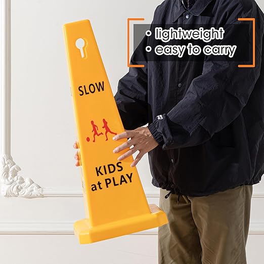 10 Pack Slow Down Kids at Play Cones 26.38 Inch Slow Kid at Play Safety Signs for Street Four Side Visibility Floor Standing Yellow Traffic Cone for Lawn, School, Yard, Gymnasium, Playground