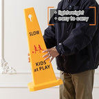 10 Pack Slow Down Kids at Play Cones 26.38 Inch Slow Kid at Play Safety Signs for Street Four Side Visibility Floor Standing Yellow Traffic Cone for Lawn, School, Yard, Gymnasium, Playground