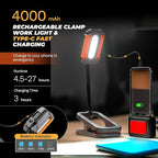 Rechargeable LED Work Light with Clamp, 3000LM Magnetic Clip-on Work Light with 4 Light Modes, 360°Rotation Flood Worklight with Portable Charger, Clamp Work Lights for Workshop, Jobsite