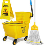 35 Qt Commercial Mop Bucket with Side Press Wringer on Wheels,Heavy Duty Industrial Mop and Bucket Set for Floor Cleaning,Including 1 Wet Floor Caution Sign for Household,Business,Yellow