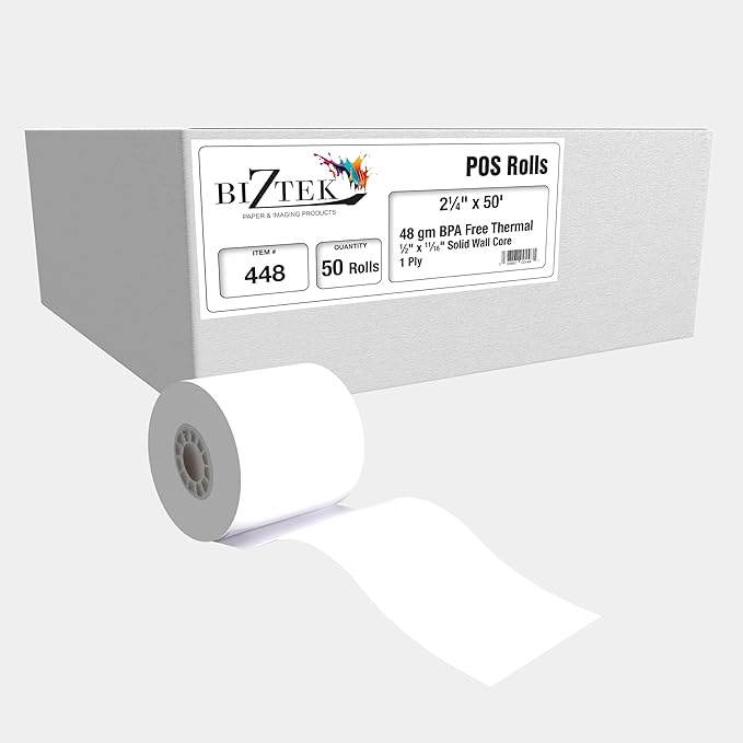 Thermal Paper Receipt Rolls, 2-1/4" x 50', 48 Gram Weight, BPA Free, Grade A, Pure 85 White Paper, Unique Thermal Coating