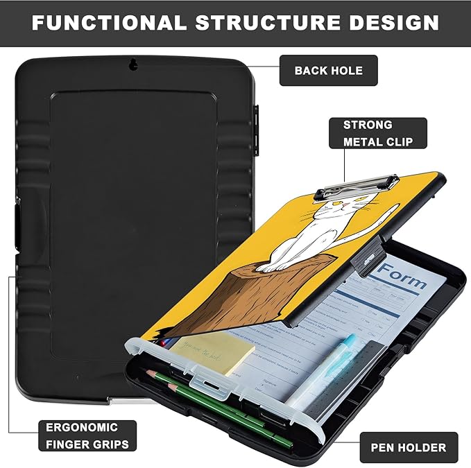Clipboard with Storage,Storage Clipboard with Pen Holder,Heavy Duty Plastic Storage Clipboard with Low Profile Clip, Clipboard Folder, Teacher Must Haves, Office Supplies,Cat on Wooden