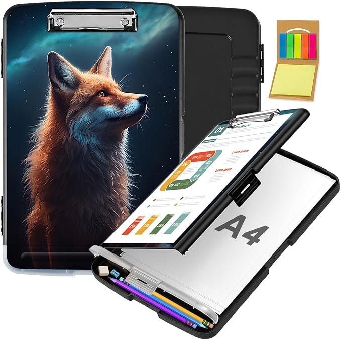 Clipboard with Storage,Office Supplies Nursing Clipboards Folder with Pen Holder Plastic Storage ClipBoard Foldable for Teacher Nurse,Galaxy Fox