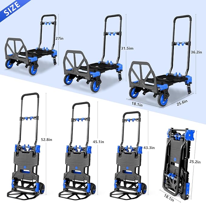 2 in 1 Hand Truck Dolly Foldable, 330LB Folding Hand Truck Heavy Duty Carrying, Folding Hand Cart with Retractable Handle Dolly Cart for Moving