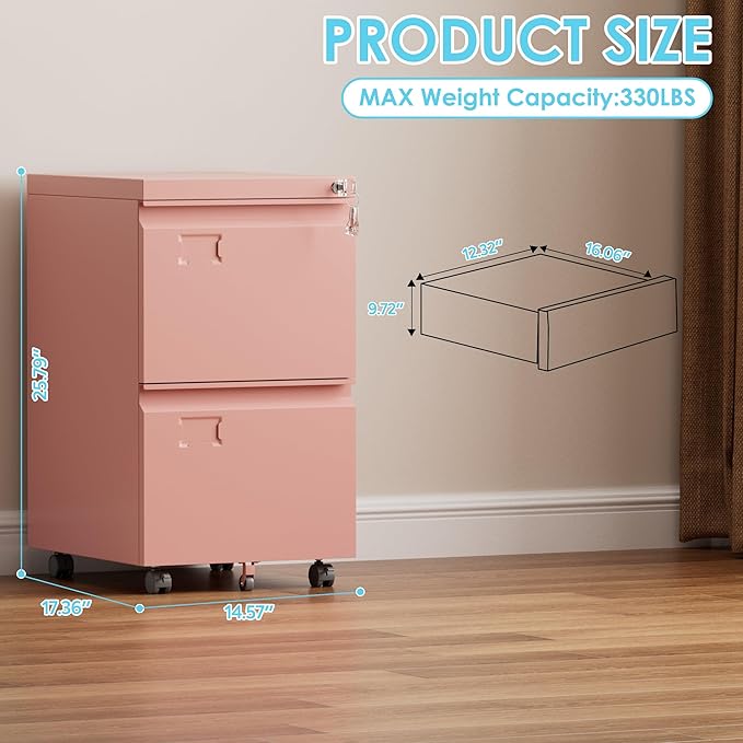Aobabo 2 Drawer File Cabinet with Wheels, Lockable Metal Filing Cabinet with Business Card Slot for Legal/Letter Size for Home Office, Required Assembled,Pink