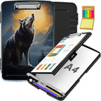Clipboard with Storage,Office Supplies Nursing Clipboards Folder with Pen Holder Plastic Storage ClipBoard Foldable for Teacher Nurse,Wolf with Full Moon