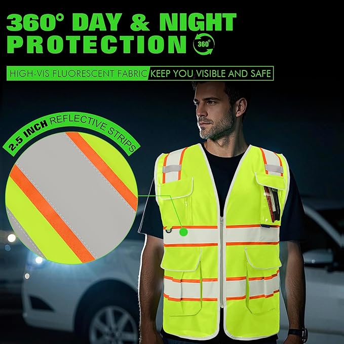 BeautyWill Custom Logo 10 Pockets Safety Vest Class2 ANSI Certified High Visibility Reflective Vest