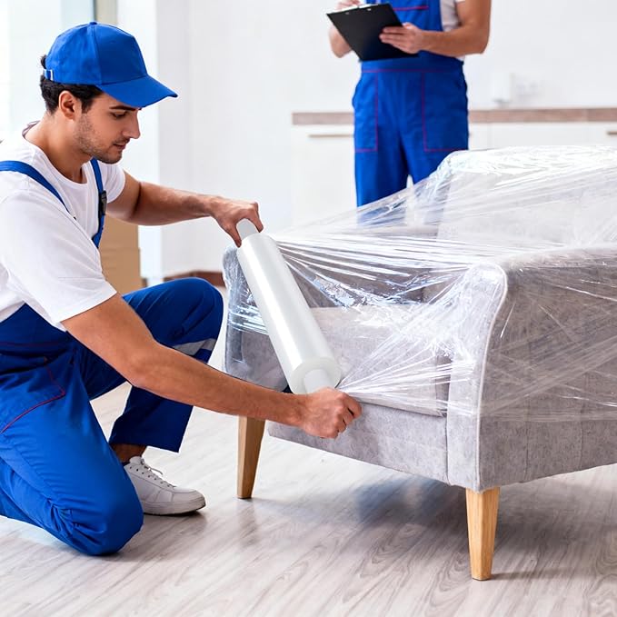 15in Stretch Wrap Roll with Handle, Heavy Duty 1200ft Shrink Wrap Roll, Clear 60 Gauge Industrial Strength Stretch Film with Extended Cardboard Handles, Plastic Wrap for Pallet Packing Moving(2 Rolls)
