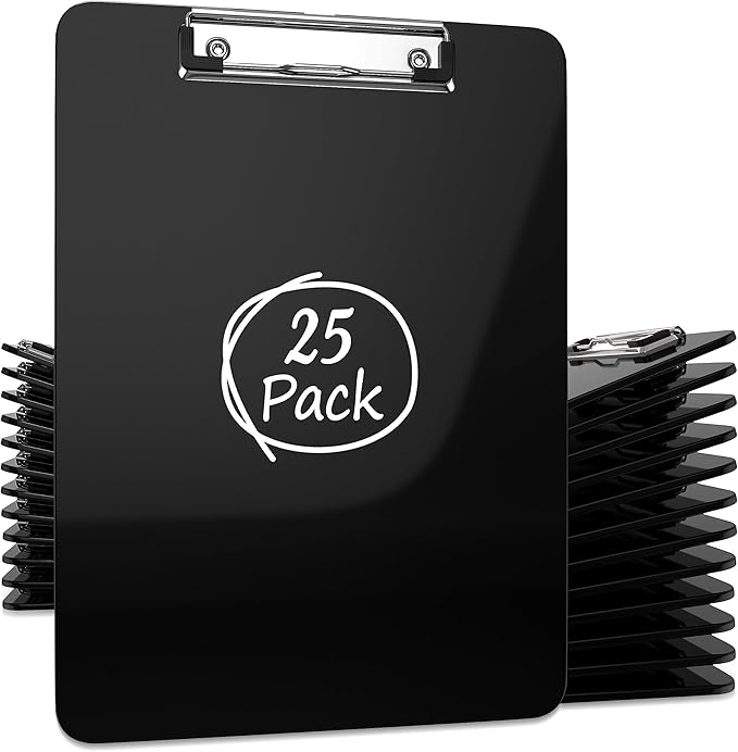 25 Pack Plastic Clipboards Black Clip Boards with Low Profile Metal 12.5 x 9 Inch Letter Size Bulk Class Set Black Acrylic Hanging Hook - Holds 100 Sheets
