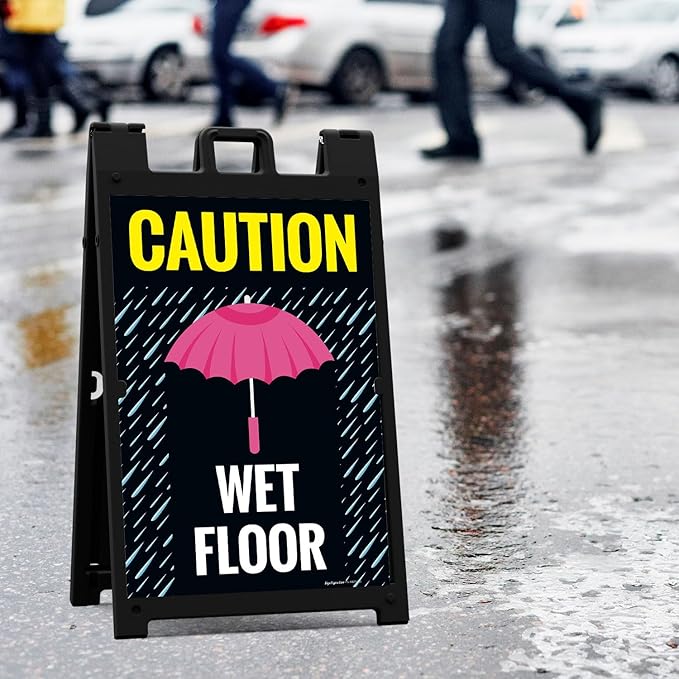 Caution Wet Floor Umbrella Sidewalk Sign Kit, 24x36 Inches, with A Frame Stand, Made in USA
