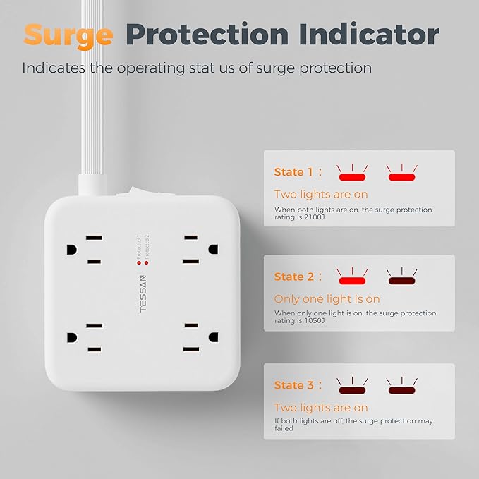 TESSAN 10 Ft Surge Protector Power Strip, 4 USB(2 USB C) 8 Outlets, Flat Plug Extension Cord with Multiple Outlets, 2100J Protection, 20W Desk Charging Station for Home, Office, Dorm Room Essentials