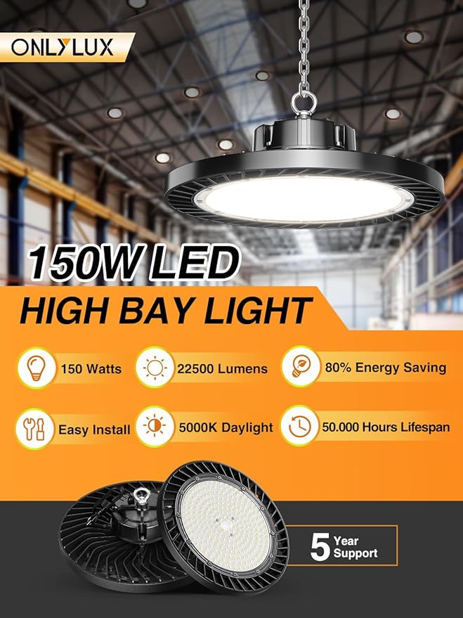 8 Pack 150W UFO LED High Bay Lights, 5000K Daylight, Super Bright 22500 LM, AC100-277V, High Bay Led Shop Lights with US Plug 5ft Cable for Garage Plug & Play Lighting for Warehouse