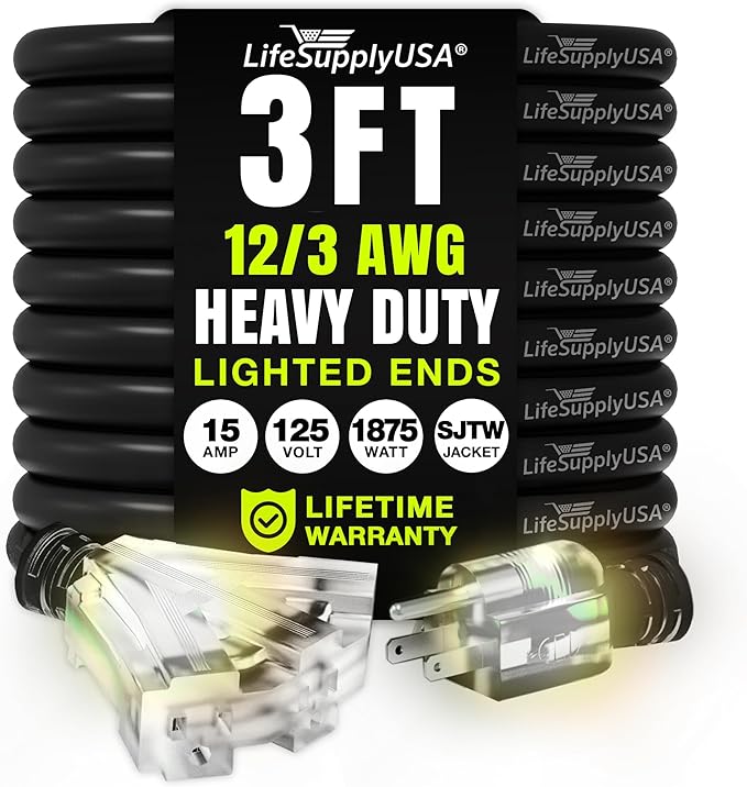 3ft Outdoor/Indoor Extension Cord 3-Outlet 12/3 Gauge Extra Heavy Duty 3 Prong SJTW, Waterproof, Flexible Cold-Resistant Long Power Cord,15A 125V 1875W, Black by LifeSupplyUSA