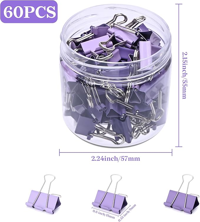 Temiary Aesthetic Binder Clips, 60 Pcs 0.6 Inches Small Metal Binder Clip with Clear Storage Container, Binding Paperwork Clamps for School Teachers Office Supplies (Purple)