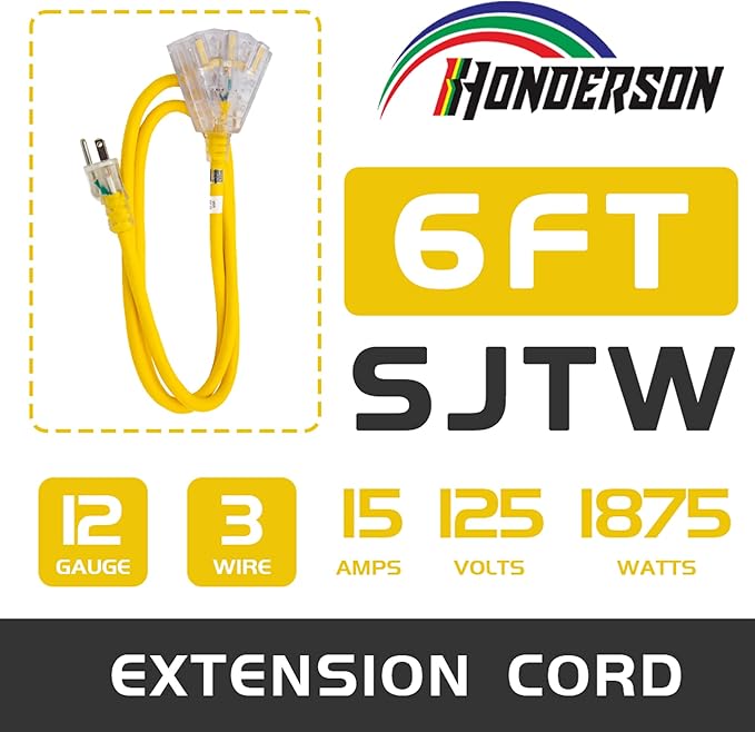 3-Outlets Indoor Outdoor Extension Cord Weatherproof with Lighted End, UL Listed, 12 Gauge 6FT Yellow 3 Prong Heavy Duty, 12/3 SJTW 15A Power Cord