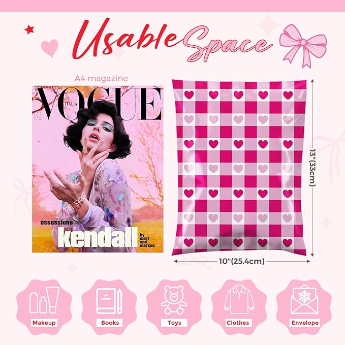 Metronic Poly Mailers 10x13 Inch 100pc Shipping Bags for Clothes,Self Adhesive Shipping Envelopes for Small Business,Waterproof Mailers Poly Bags for Shipping,Packaging Mailing Bags Pink Checkered