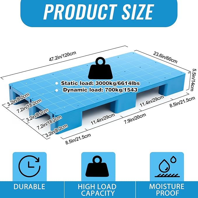 1 Pcs Plastic Pallet for Basement Storage Easy Stack Lightweight Floor Pallet Display Flooring Room Supermarket Christmas, Support up to 2000 Lbs (47'' L X 23'' W X 5.5'' H,Blue)