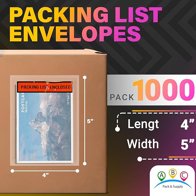 ABC Packing List Enclosed Pouches 4 x 5 Inch. 1000 Pack Clear, Red & Black 2 Mil Polyethylene Slip Envelope Pouches. Self Seal List Envelopes. Packing List Invoice Enclosed Envelopes