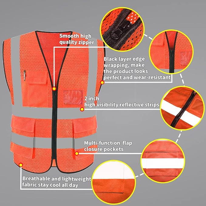 HYCOPROT High Visibility Mesh Safety Reflective Vest with Pockets and Zipper, Meets ANSI/ISEA Standards